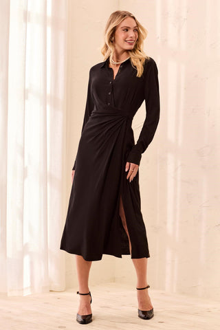Little Black Button-Front Faux Wrap Midi Dress-Black