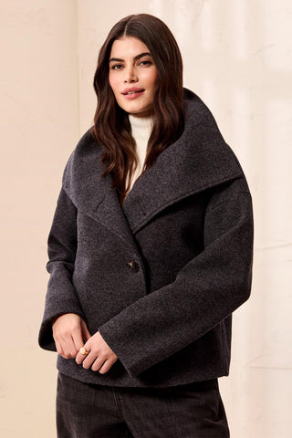 Veste En Tricot Duveteux À Col Cheminée -Charbon