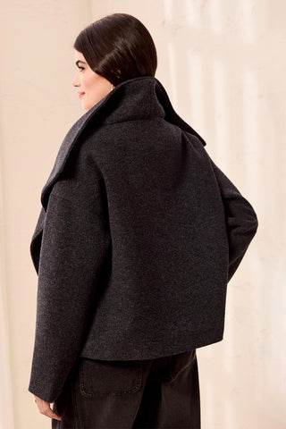 Veste En Tricot Duveteux À Col Cheminée -Charbon