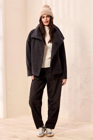 Veste En Tricot Duveteux À Col Cheminée -Charbon