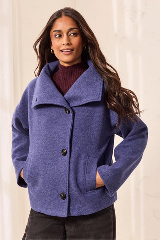Lofty Knit Funnel Neck Button Front Jacket-Indigo