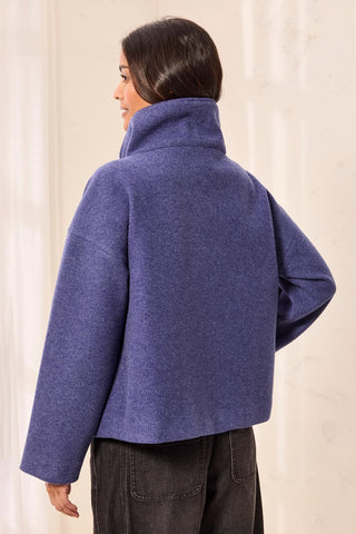 Lofty Knit Funnel Neck Button Front Jacket-Indigo
