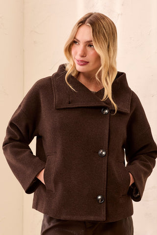 Lofty Knit Funnel Neck Button Front Jacket-Saddlebrown