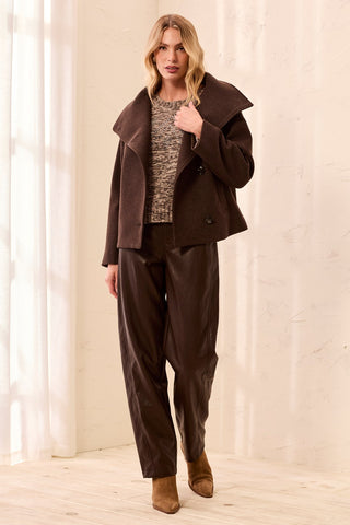 Lofty Knit Funnel Neck Button Front Jacket-Saddlebrown