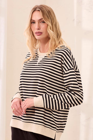 Long Sleeve Crew Neck Drop Shoulder Knit Top-Black