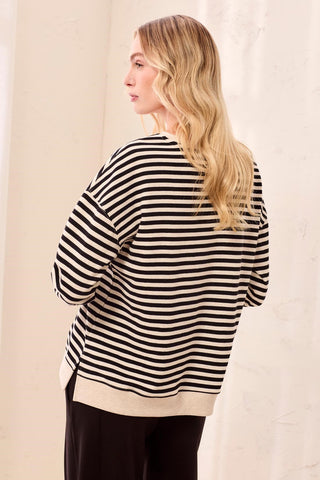 Long Sleeve Crew Neck Drop Shoulder Knit Top-Black