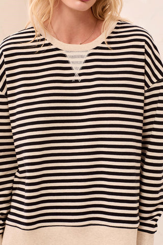 Long Sleeve Crew Neck Drop Shoulder Knit Top-Black