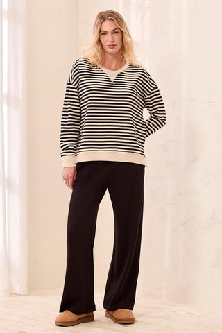 Long Sleeve Crew Neck Drop Shoulder Knit Top-Black