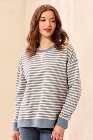 Long Sleeve Crew Neck Drop Shoulder Knit Top-Blue fog
