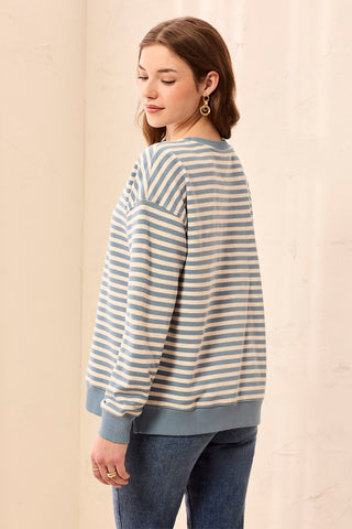 Long Sleeve Crew Neck Drop Shoulder Knit Top-Blue fog