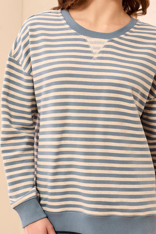 Long Sleeve Crew Neck Drop Shoulder Knit Top-Blue fog