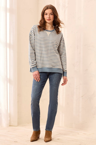 Long Sleeve Crew Neck Drop Shoulder Knit Top-Blue fog