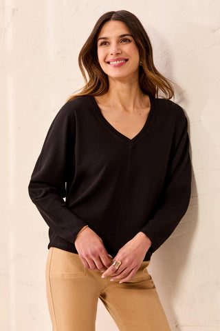 Ottoman Stretch Dolman V-Neck Knit Sweater-Black