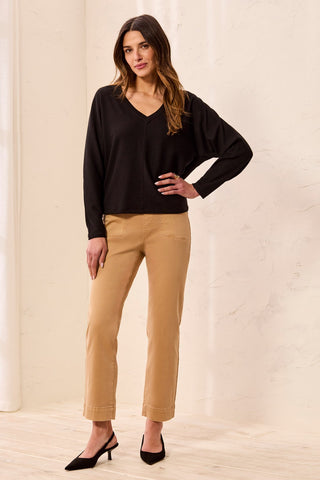 Ottoman Stretch Dolman V-Neck Knit Sweater-Black