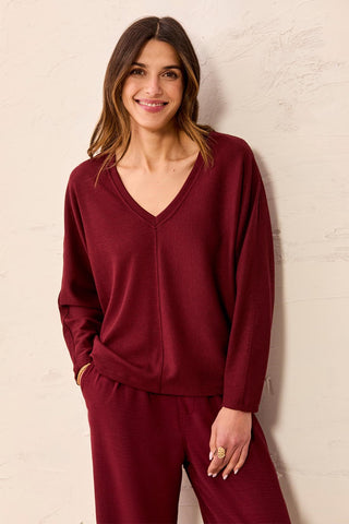 Ottoman Stretch Dolman V-Neck Knit Sweater-Cherrylacquer