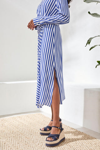 Striped Faux Wrap Knot Waist Midi Dress-White