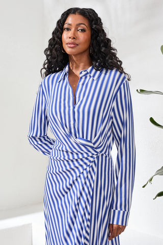 Striped Faux Wrap Knot Waist Midi Dress-White