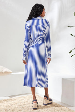Striped Faux Wrap Knot Waist Midi Dress-White