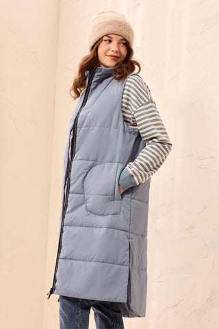 Long Zip-Front Quilted Vest-Blue fog