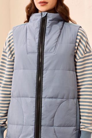 Long Zip-Front Quilted Vest-Blue fog