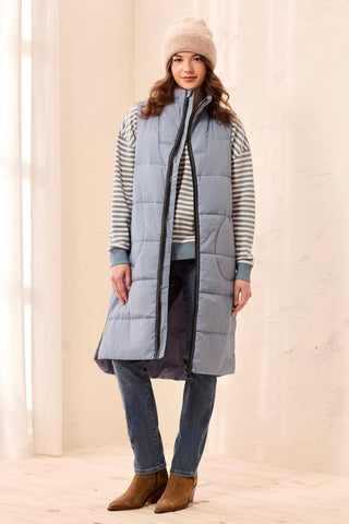 Long Zip-Front Quilted Vest-Blue fog