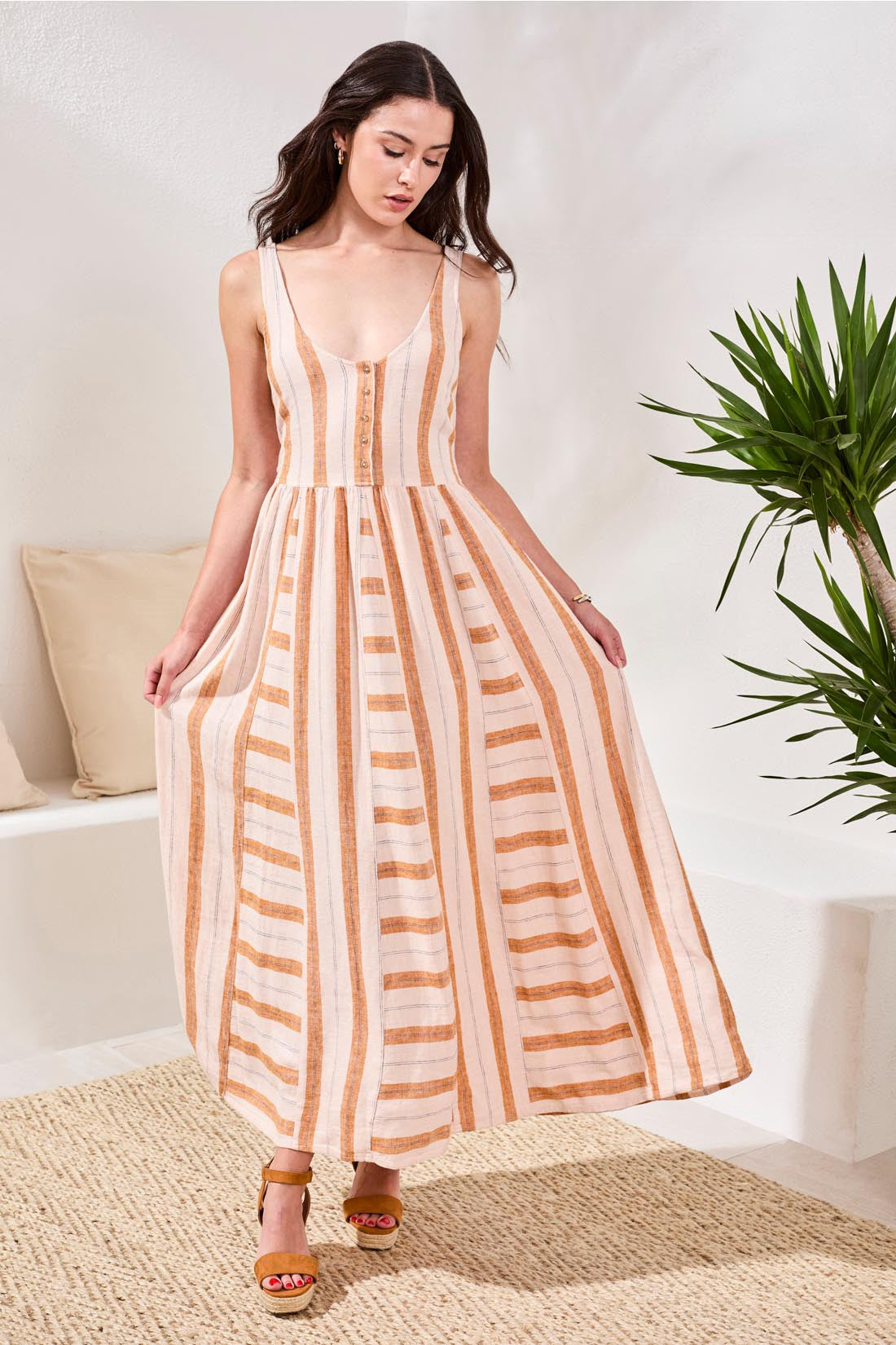 Linen Maxi Dress with Contrast Inserts & Adjustable Waist Sash-Saharab – Tribal® Fashion
