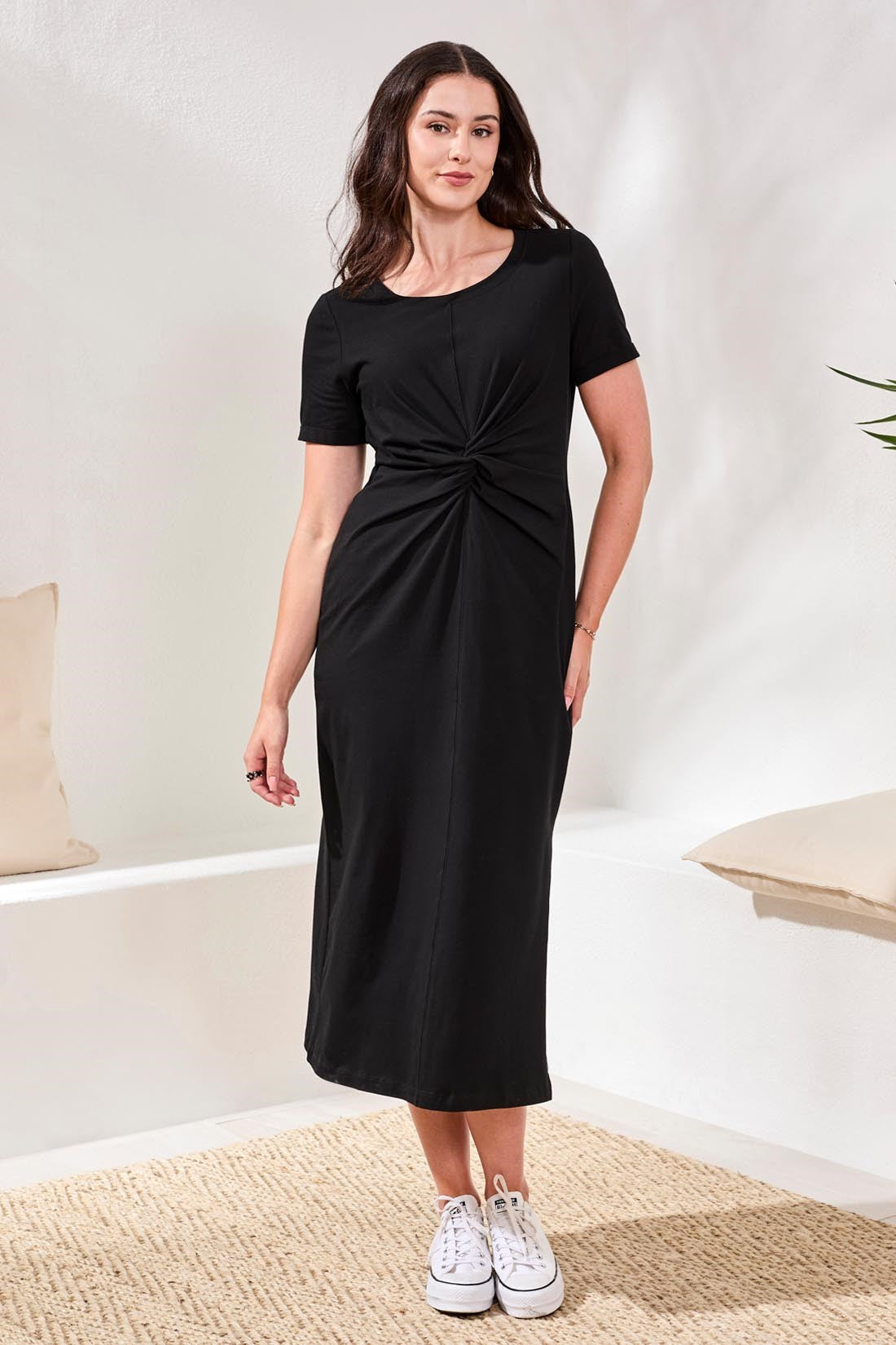 Maxi Knit Jersey Dress With Front Twist Knot Detail-Black