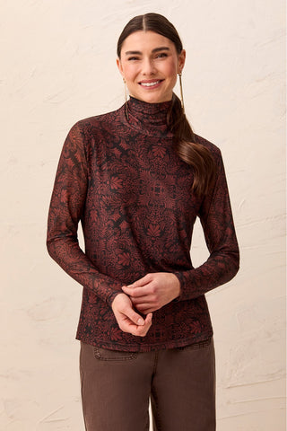Mesh Turtleneck Top With Lining-Rusticbrown