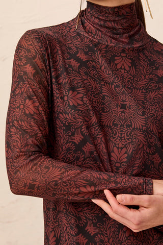Mesh Turtleneck Top With Lining-Rusticbrown