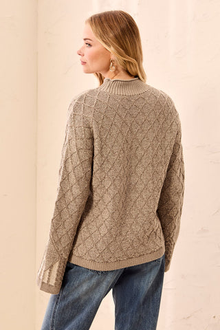 Mixed Cable Knit Long Sleeve Mock Neck Sweater-Dry sand