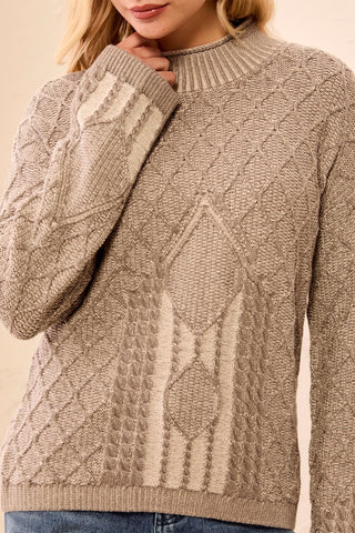 Mixed Cable Knit Long Sleeve Mock Neck Sweater-Dry sand