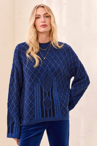 Mixed Cable Knit Long Sleeve Mock Neck Sweater-Stellar