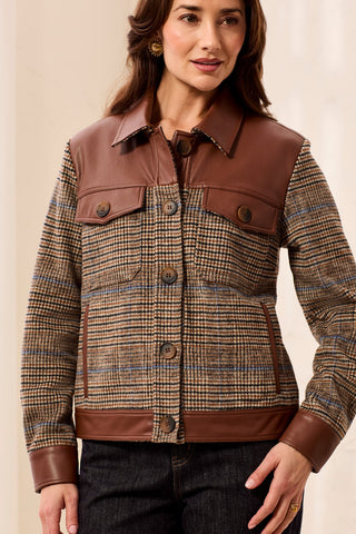 Mixed Media Button-Front Plaid Jacket with Faux Leather Trim-Intenserust