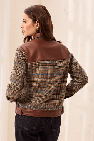 Mixed Media Button-Front Plaid Jacket with Faux Leather Trim-Intenserust