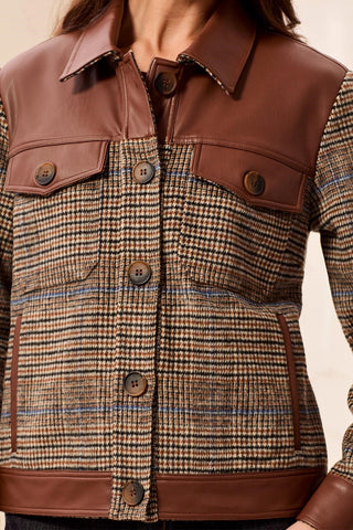 Mixed Media Button-Front Plaid Jacket with Faux Leather Trim-Intenserust