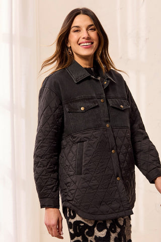 Veste Mix Média En Denim Et Matelassé À Boutons Pression-Noir