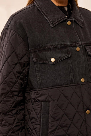 Veste Mix Média En Denim Et Matelassé À Boutons Pression-Noir