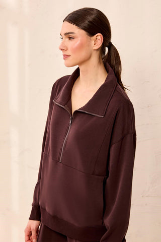 Mixed Media Popover Shirt with Quilted Collar & Half Zip Front-Saddlebrown
