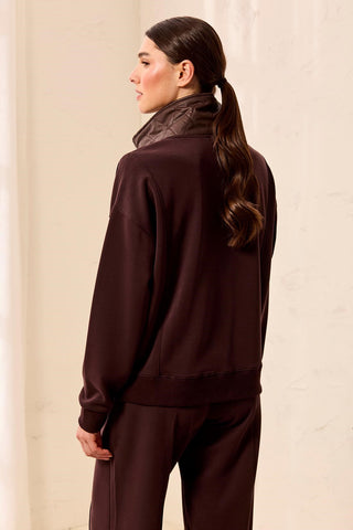 Mixed Media Popover Shirt with Quilted Collar & Half Zip Front-Saddlebrown