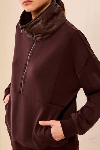 Mixed Media Popover Shirt with Quilted Collar & Half Zip Front-Saddlebrown