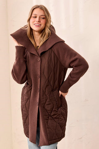 Mixed Media Quilted Sweater Coat With Oversized Knit Collar-Hickory
