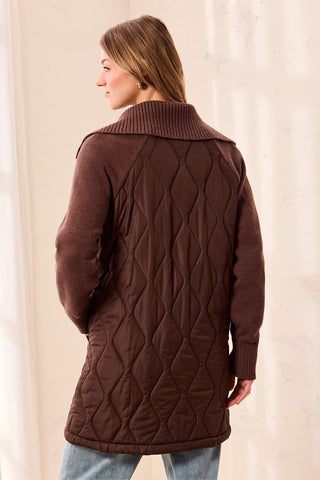 Mixed Media Quilted Sweater Coat With Oversized Knit Collar-Hickory