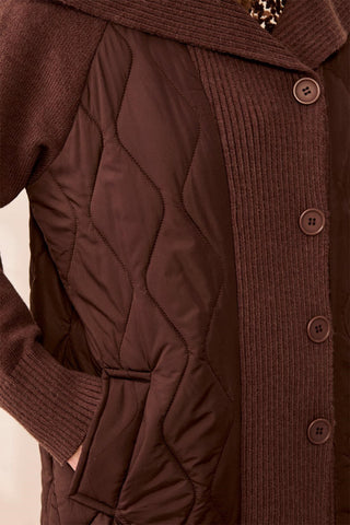 Mixed Media Quilted Sweater Coat With Oversized Knit Collar-Hickory