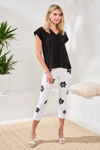 Mixed Media Soft Drape Cap Sleeve V-Neck Top-Black