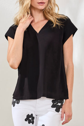 Mixed Media Soft Drape Cap Sleeve V-Neck Top-Black