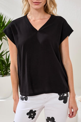 Mixed Media Soft Drape Cap Sleeve V-Neck Top-Black