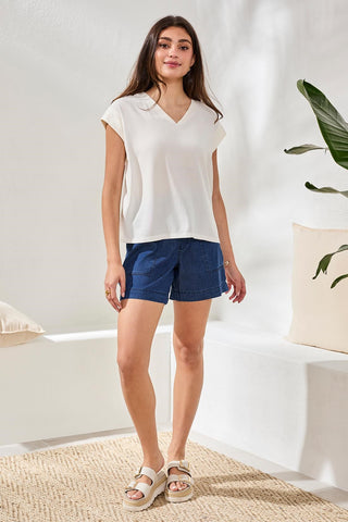 Mixed Media Soft Drape Cap Sleeve V-Neck Top-Eggshell