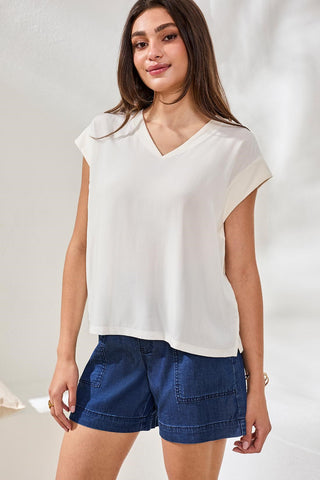 Mixed Media Soft Drape Cap Sleeve V-Neck Top-Eggshell