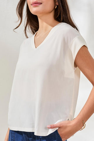 Mixed Media Soft Drape Cap Sleeve V-Neck Top-Eggshell