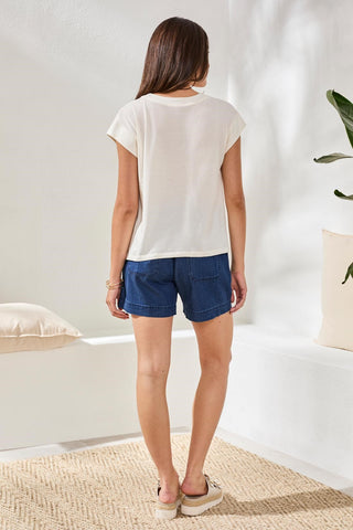 Mixed Media Soft Drape Cap Sleeve V-Neck Top-Eggshell